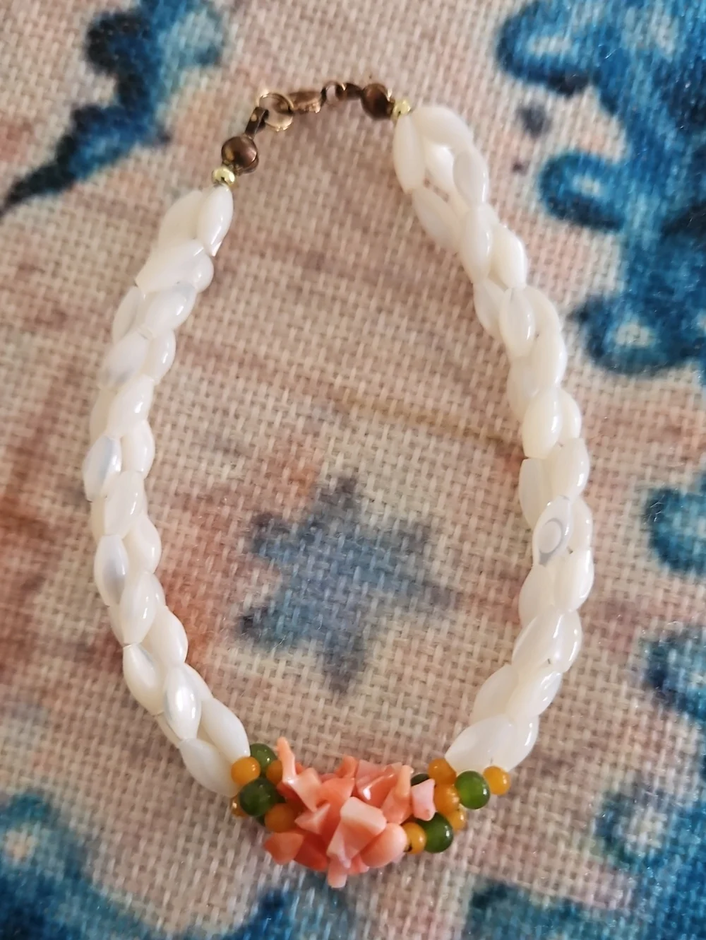 Vintage Mother of Pearl, Coral and Jade Bracelet